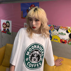 Sm Moonbucks Coffee Printing Oversized T-Shirt