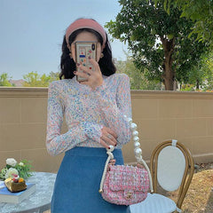 Small Flowers Painting Transparent Gauze Long Sleeve