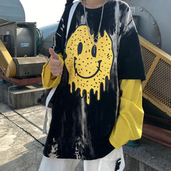 Smile Rave Print Tie Dye Fake Two Piece Sweatshirt