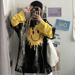 Smile Rave Print Tie Dye Fake Two Piece Sweatshirt