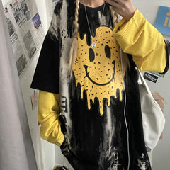 Smile Rave Print Tie Dye Fake Two Piece Sweatshirt