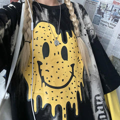 Smile Rave Print Tie Dye Fake Two Piece Sweatshirt