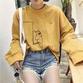 Smoking Girl Print Drawning Long Sleeve Yellow Gray Shirt