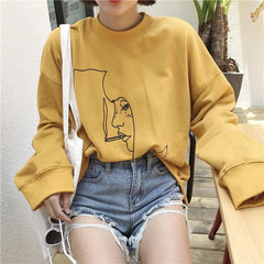 Smoking Girl Print Drawning Long Sleeve Yellow Gray Shirt