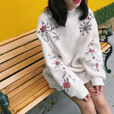 Soft Fluffy Flowers Embroindery Long Sleeve Oversized Sweatshirt