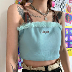 Soft Grunge Faux Fur Heart Buckle Strapless Top
