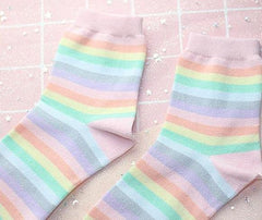 Soft Pale Pastel Stripes Rainbow Kawaii Ankle Socks