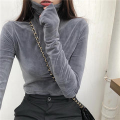 Soft Velvet Korean Fashion Turtleneck Long Sleeve Blouse