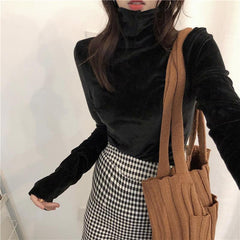 Soft Velvet Korean Fashion Turtleneck Long Sleeve Blouse