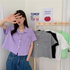Solid Colors Loose Casual Cropped Shirt