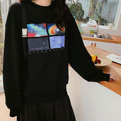 Space Galaxy Print Oversized Black Sweatshirt