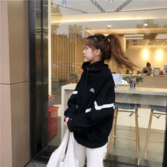 Sporty Lines Oversize Zipper Black White Sweatshirt