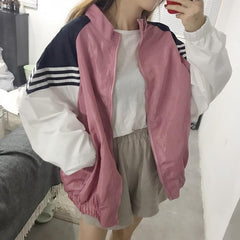 Sporty Pink Blue White Lines Windbreaker Jacket