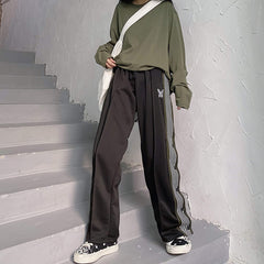Sporty Side Stripes Butterfly Print Loose Black Pants