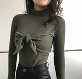 Stand Collar Ribbed Knot Bow Chest Slim Blouse