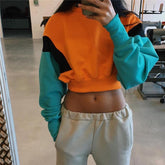 Stitching Color Round Neck Loose Crop Sweatshirt