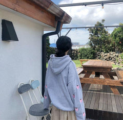 Strawberry Embroidered Sleeve Hood Oversized Sweatshirt