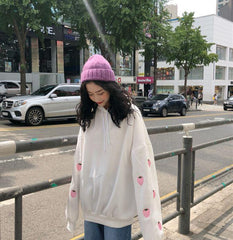 Strawberry Embroidered Sleeve Hood Oversized Sweatshirt