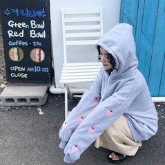 Strawberry Embroidered Sleeve Hood Oversized Sweatshirt