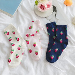 Strawberry Pattern Cute White Blue Socks