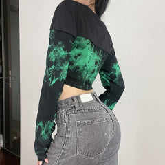 Street Style Green Tie Dye Print Cropped Shirt