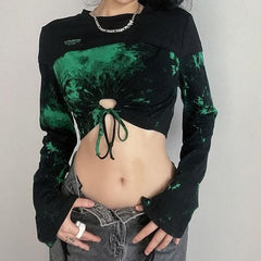Street Style Green Tie Dye Print Cropped Shirt