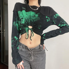 Street Style Green Tie Dye Print Cropped Shirt