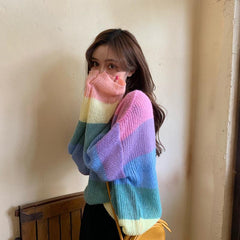 Suéter extragrande con rayas y degradado de arcoíris