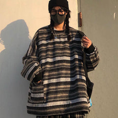 Suéter coreano de punto oversize con estampado de rayas