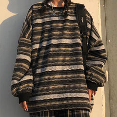 Suéter coreano de punto oversize con estampado de rayas