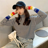 Striped Turtle Neck Rainbow Cuff Knitted Sweater