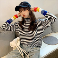 Striped Turtle Neck Rainbow Cuff Knitted Sweater