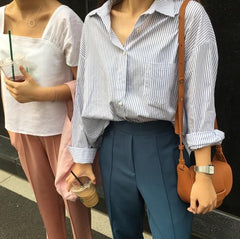 Stripes Vertical Blue White Cotton Buttons Office Style Blouse