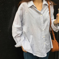 Stripes Vertical Blue White Cotton Buttons Office Style Blouse