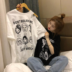 Strong Women Design Oversized Ripped Black White T-Shirt