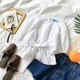 Summer Light Solid White Waist Knot Blouse