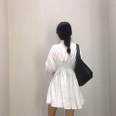 Sommer Retro Hemdkragen Hellweiß Schwarz Kleid