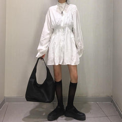 Sommer Retro Hemdkragen Hellweiß Schwarz Kleid