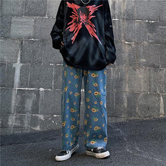 Pantalones vaqueros extragrandes de color azul azadón con estampado de girasoles