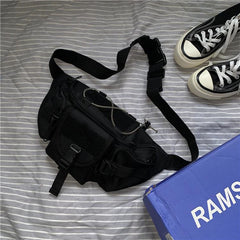 Bolso de hombro negro de estética coreana con bolsillos Techwear