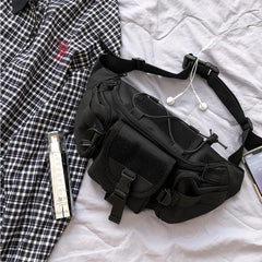 Bolso de hombro negro de estética coreana con bolsillos Techwear