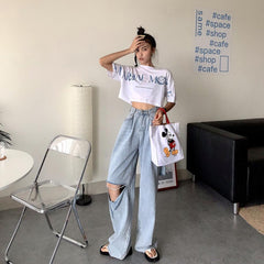 Teenagermode High Waist Knieloch Zerrissene Baggy Jeans