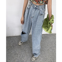 Teenagermode High Waist Knieloch Zerrissene Baggy Jeans