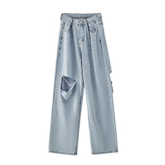Teenagermode High Waist Knieloch Zerrissene Baggy Jeans