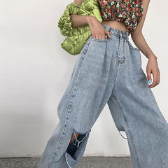 Teenagermode High Waist Knieloch Zerrissene Baggy Jeans