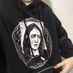 Lockeres schwarzes Kapuzenpullover mit Jungfrau-Maria-Muster