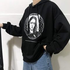 Lockeres schwarzes Kapuzenpullover mit Jungfrau-Maria-Muster