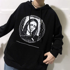 Lockeres schwarzes Kapuzenpullover mit Jungfrau-Maria-Muster