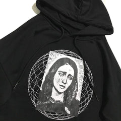Lockeres schwarzes Kapuzenpullover mit Jungfrau-Maria-Muster