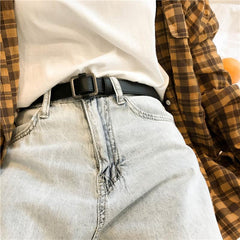 Cinturón de PU fino con hebilla cuadrada metálica pequeña, negro y marrón